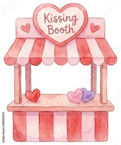 Kissing booth with heart shapes and striped canopy in soft watercolor style, romantic and charming for love themed events or celebrations