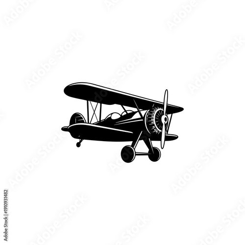 A detailed black and white vector illustration of a vintage biplane with a propeller. A clean, high-contrast retro aviation icon isolated on a white background.