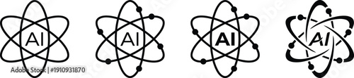 Black and white vector illustration of atomic AI symbols with elliptical orbits, modern technology design representing artificial intelligence evolution