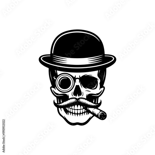 A detailed black and white vector illustration of a gentleman skull wearing a bowler hat, monocle, and mustache while smoking a cigar. A vintage-style character mascot.