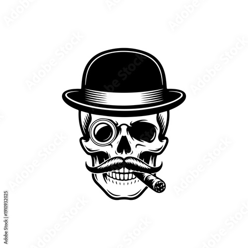 A detailed black and white vector illustration of a gentleman skull wearing a bowler hat, monocle, and mustache while smoking a cigar. A vintage-style character mascot.