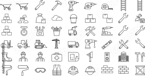 Hand Drawn Construction Icon Set with Tools Machinery Safety Equipment Workers and Building Materials Outline Vector Collection