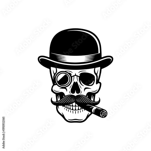 A detailed black and white vector illustration of a gentleman skull wearing a bowler hat, monocle, and mustache while smoking a cigar. A vintage-style character mascot.