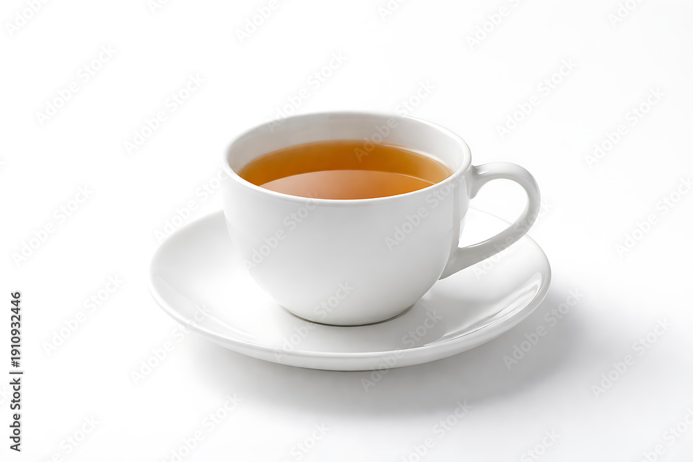 Fototapeta premium Minimalist white ceramic tea cup on white background, soft shadows, studio lighting