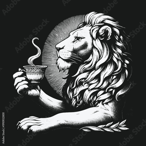 Lion with Coffee Cup: A Regal Start to the Day.