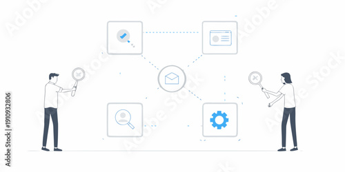 Network connections visualized with people examining data points on a grid