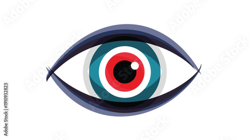 Stylized human eye illustration featuring concentric circles in red, teal, and navy blue against a clean white background.