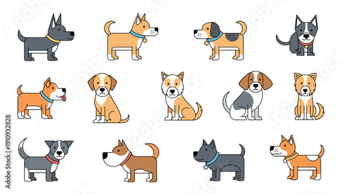 Collection of various dog breeds depicted in a cute flat cartoon style arranged in a grid on a plain white background.