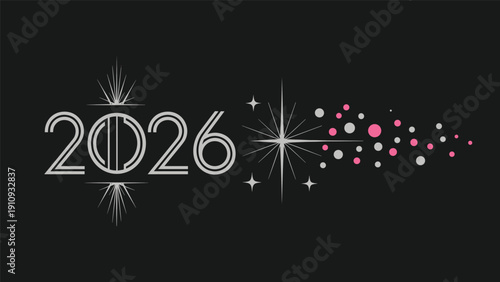 New Year 2026 text with elegant thin lines and decorative stars and pink sparkles against a dark grey background.