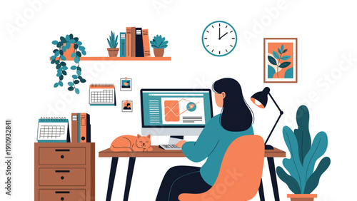 Woman working on a computer at her home office desk with a cat sleeping beside her in a cozy room with bookshelves.