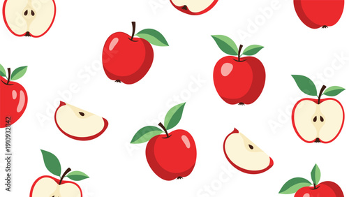 Seamless pattern design featuring whole red apples and cut slices with green leaves scattered on a white background.