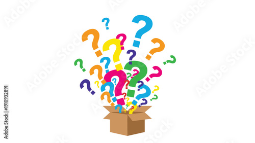 Numerous colorful question marks of various sizes emerging from an open cardboard box on a plain white background.