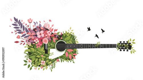 Acoustic guitar silhouette creatively filled with pink flowers and green leaves with small birds flying nearby.