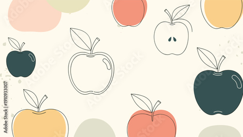 Contemporary pattern of stylized apples in various colors and outlines scattered on a warm cream colored background.