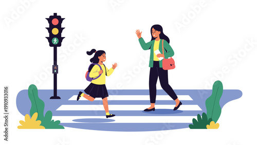 Mother waving goodbye to her young daughter who is crossing a busy street at a crosswalk with a traffic light.