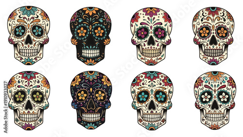 Set of eight decorative Mexican sugar skulls featuring various colorful floral patterns and intricate traditional designs.