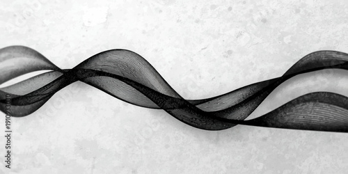 An elegant black and white bow tie features a textured fabric design with gray wavy lines and smoke-like patterns, creating a decorative ribbon shape perfect for a winter wedding detail