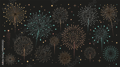 Large display of various colorful fireworks and sparkles illuminating a dark night sky in a complex festive pattern.