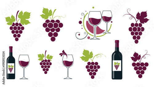 Assorted icons and illustrations of grapes, wine bottles, and wine glasses represent a variety of themes related to viticulture and tasting.