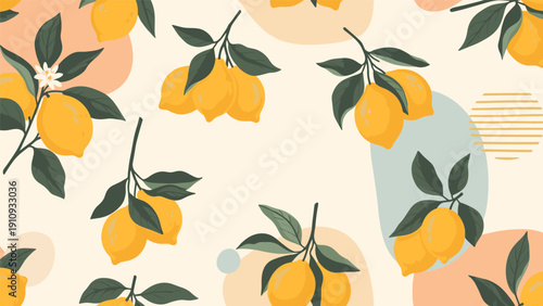 Seamless pattern featuring yellow lemons on branches with green leaves and abstract shapes creates a fresh and vibrant citrus background.