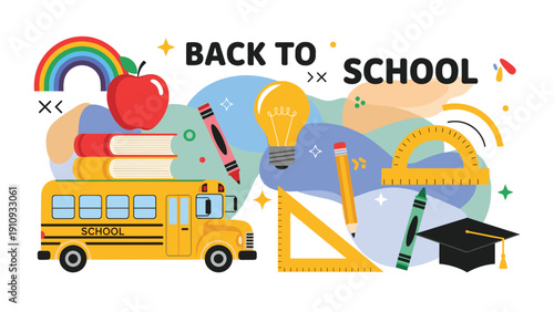 Back to school themed banner features a classic school bus surrounded by essential supplies like books, pencils, and a graduation cap.
