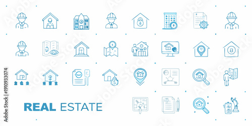 Real estate related icons including houses construction and financial elements