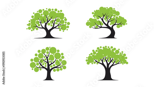 Four distinct tree logos with thick black trunks and round green foliage represent growth, environmental sustainability, and natural beauty.