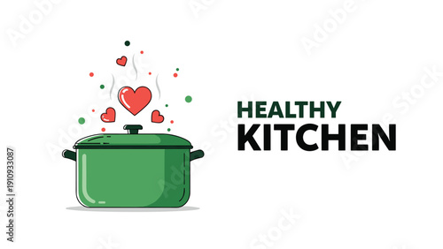 Green cooking pot with heart-shaped steam promotes the concept of healthy kitchen habits and prepared with love nutritious home meals.