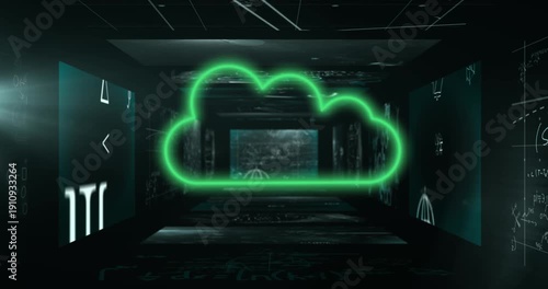 Animation of african american male rugby player over neon shapes on black background