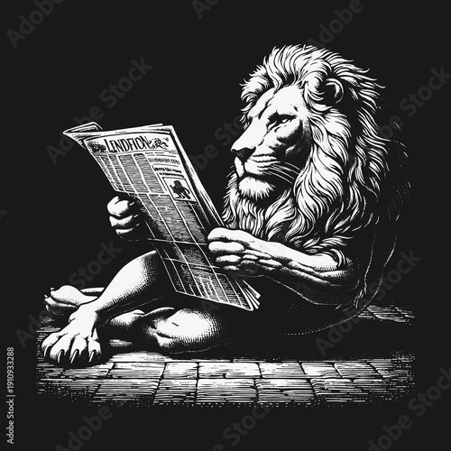 Lion engrossed in reading newspaper with focused expression.