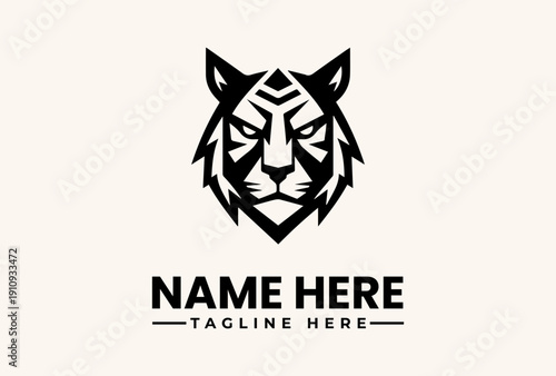Black and white geometric tiger head logo with 'NAME HERE' and 'TAGLINE HERE' text on a beige background, illustration with a modern and sleek design.