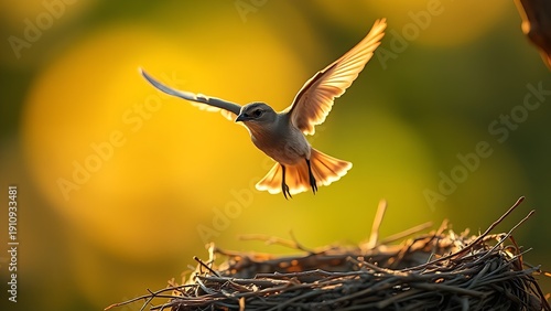 phonology. A young bird's first flight from the nest during the golden morning light. wildlife magazines, conservation campaigns, designed for nature documentaries and education.
