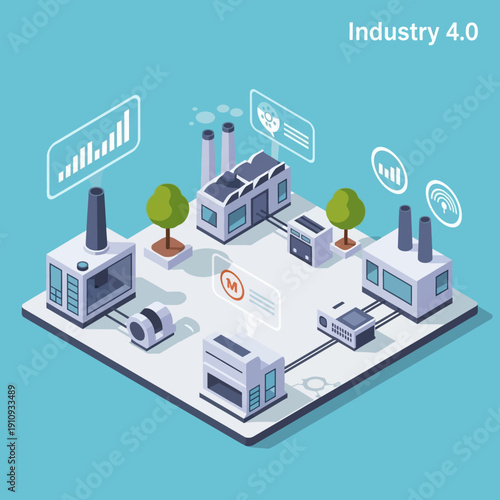 Isometric Smart Factory with Automated Production and Data Analytics.
