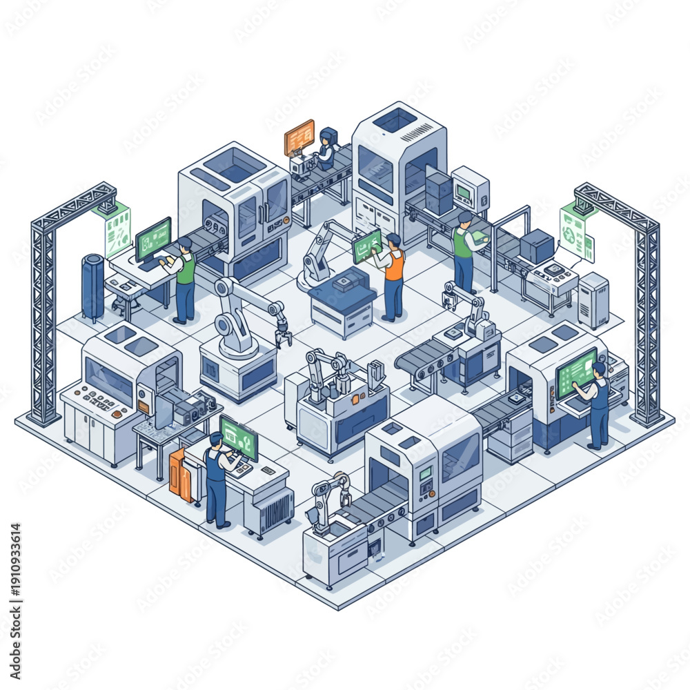 Obraz premium Isometric Smart Factory with Automated Production and Human Oversight.