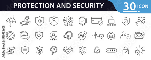 Protection and Security Web Icon Set of Line Style, Protection and security icon Collection in line style featuring shields, locks, privacy and safety symbols. Ideal for security Concept