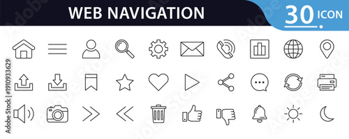 Web Navigation Line Icon Set for User Interface and Website Design, User Interface Navigation Icons Set in Line Style