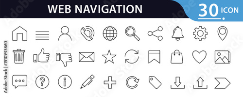 Web Navigation Line Icon Set for User Interface and Website Design, User Interface Navigation Icons Set in Line Style