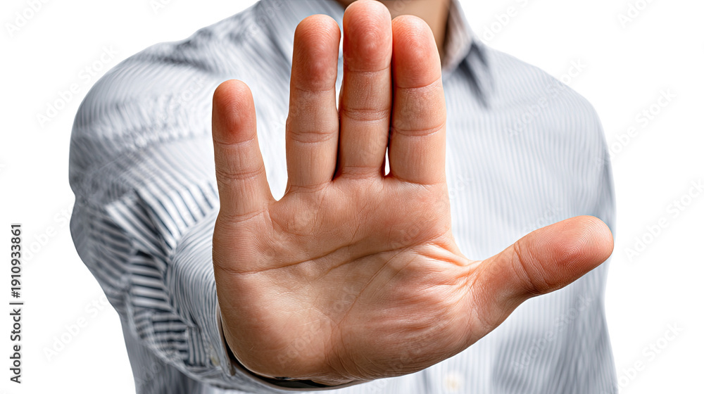 Obraz premium Gesture of Prohibition: A person, their arm outstretched, their hand firmly displays a 'stop' or 'halt' gesture, conveying a clear message of prohibition or warning.