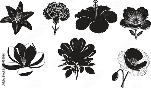 Collection of seven black and white floral silhouettes