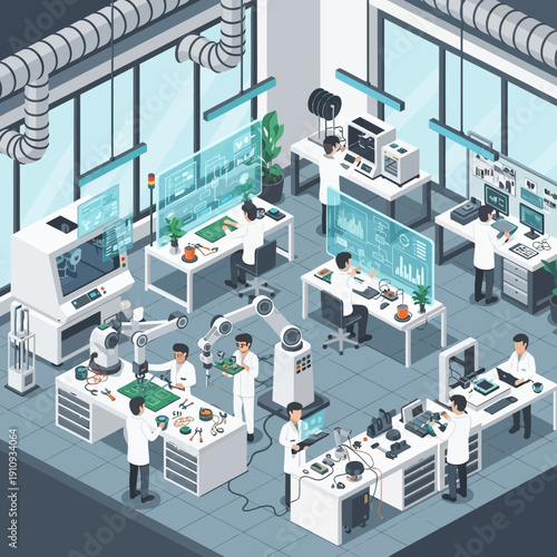 Scientists and engineers working in a modern research and development laboratory.