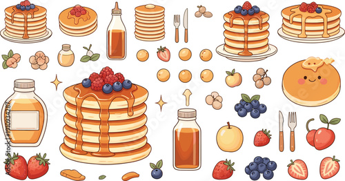 Colorful breakfast illustration with pancakes, syrup, butter, berries, fruit, utensils