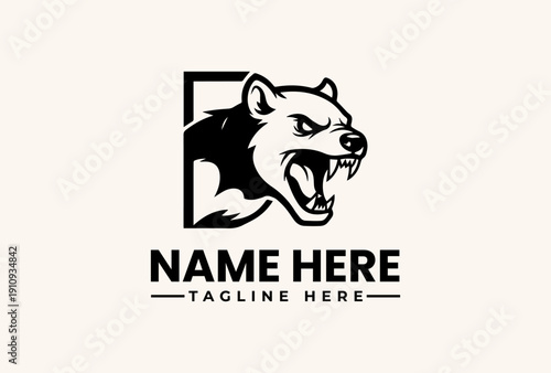 A black and white illustration of a growling bear's head in a square logo frame with a placeholder text for a name and tagline on a beige background.