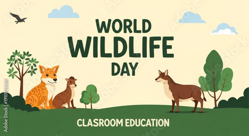 World Wildlife Day illustration featuring animals and trees for classroom education and conservation awareness