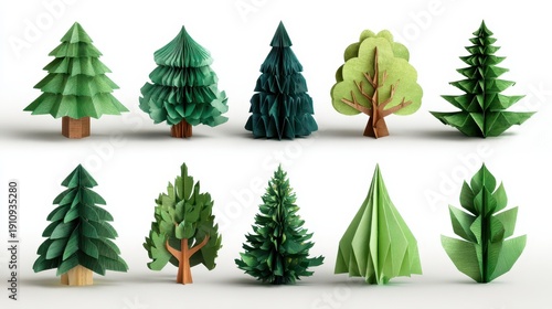 Collection of paper craft trees in different shapes and sizes arranged on a white background for crafting display