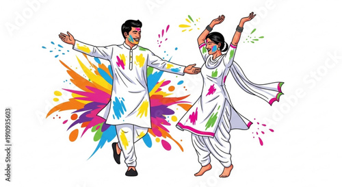 Couple celebrating Holi festival with colorful powder dancing joyfully with vibrant splashes concept of Indian culture and ce