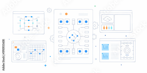 Abstract digital interface with interconnected nodes and data flow diagrams