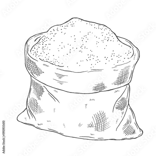 Hand drawn vector sketch illustration of a burlap sack filled with a pile of flour