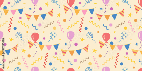 Festive seamless pattern with balloons bunting and party decorations