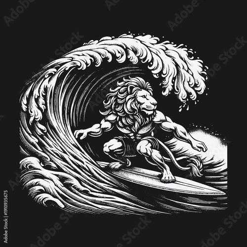 Lion Surfer Riding a Powerful Wave Illustration in Black and White.