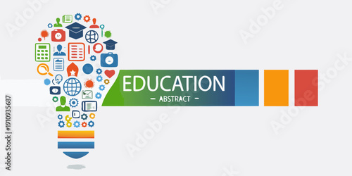 A colorful lightbulb filled with education icons and the word education